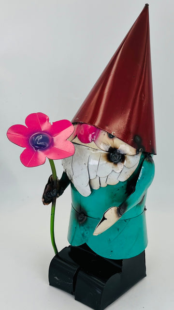 Repurposed Metal Art Gnome with Pink Flower
