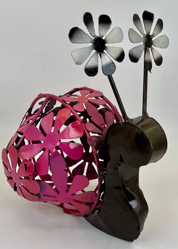 Repurposed Metal Art Snail Pink Flower