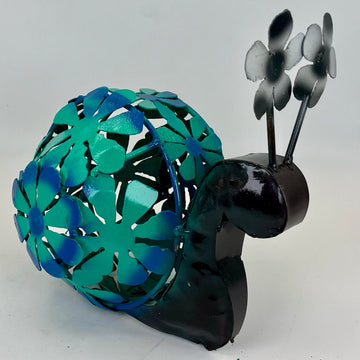 Repurposed Metal Art Snail Blue Flower
