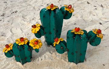 Repurposed Metal Art Triple Cactus Teal