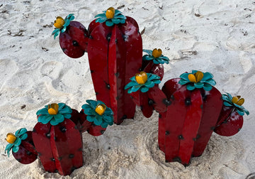 Repurposed Metal Art Triple Cactus Red