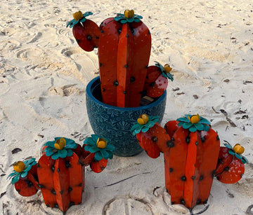 Repurposed Metal Art Triple Cactus Orange