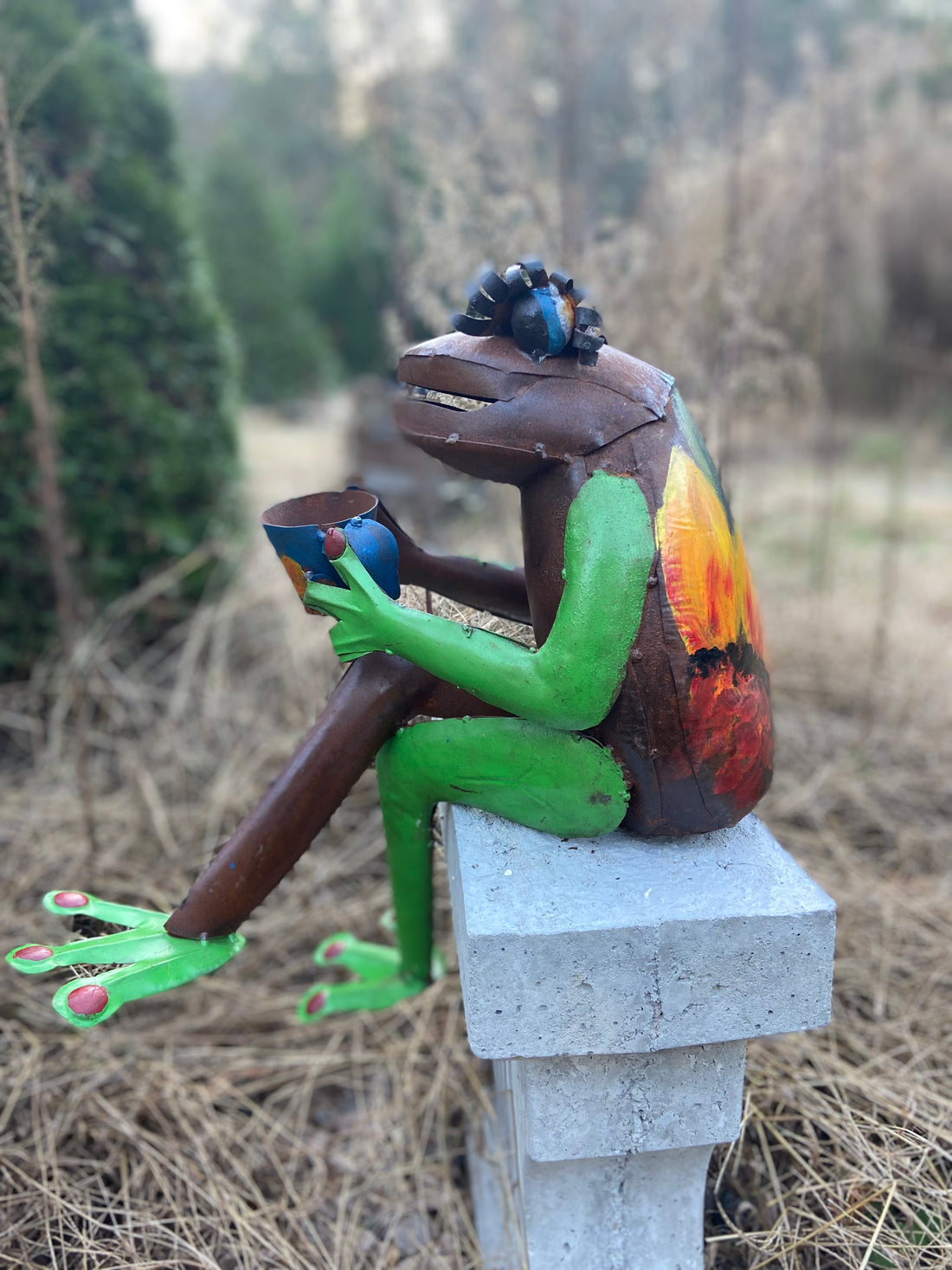 Repurposed Metal Art frog with cup