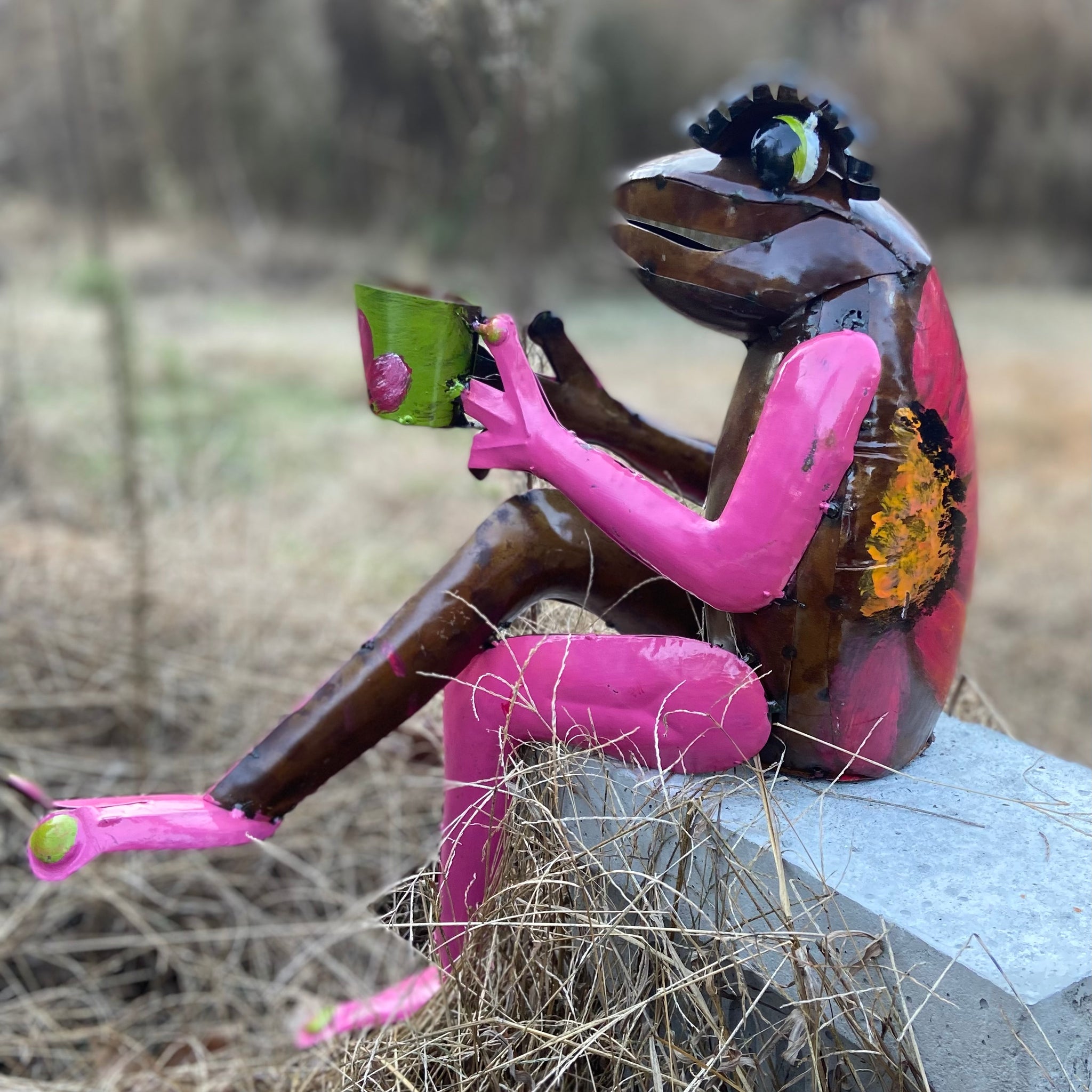 repurposed metal art frog with cup