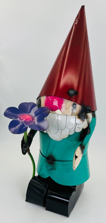 Repurposed Metal Art Gnome with Purple Flower