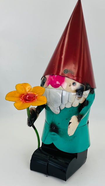 Repurposed Metal Art Gnome with Yellow Flower
