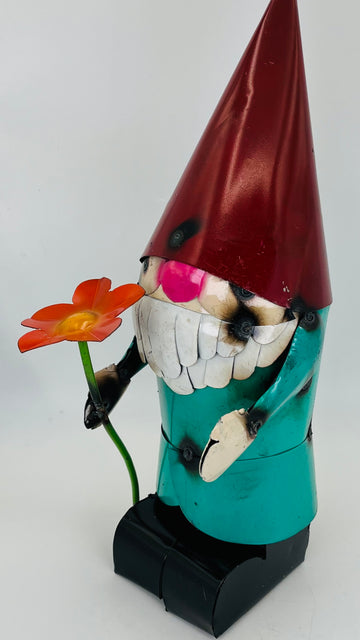 Repurposed Metal Art Gnome with Orange Flower
