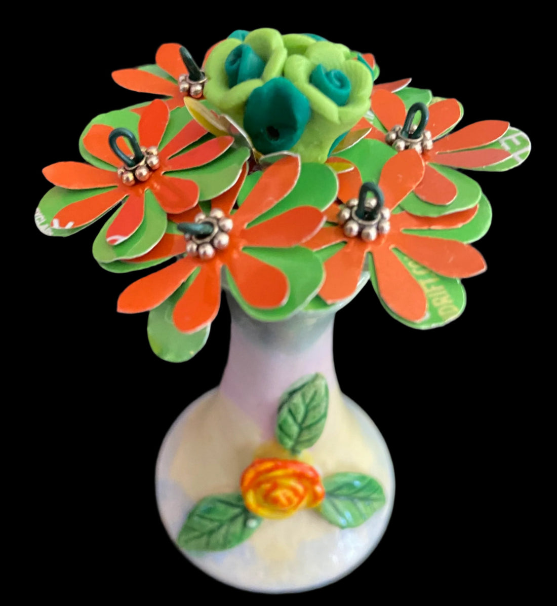 aluminum can art flower lime and orange bouquet