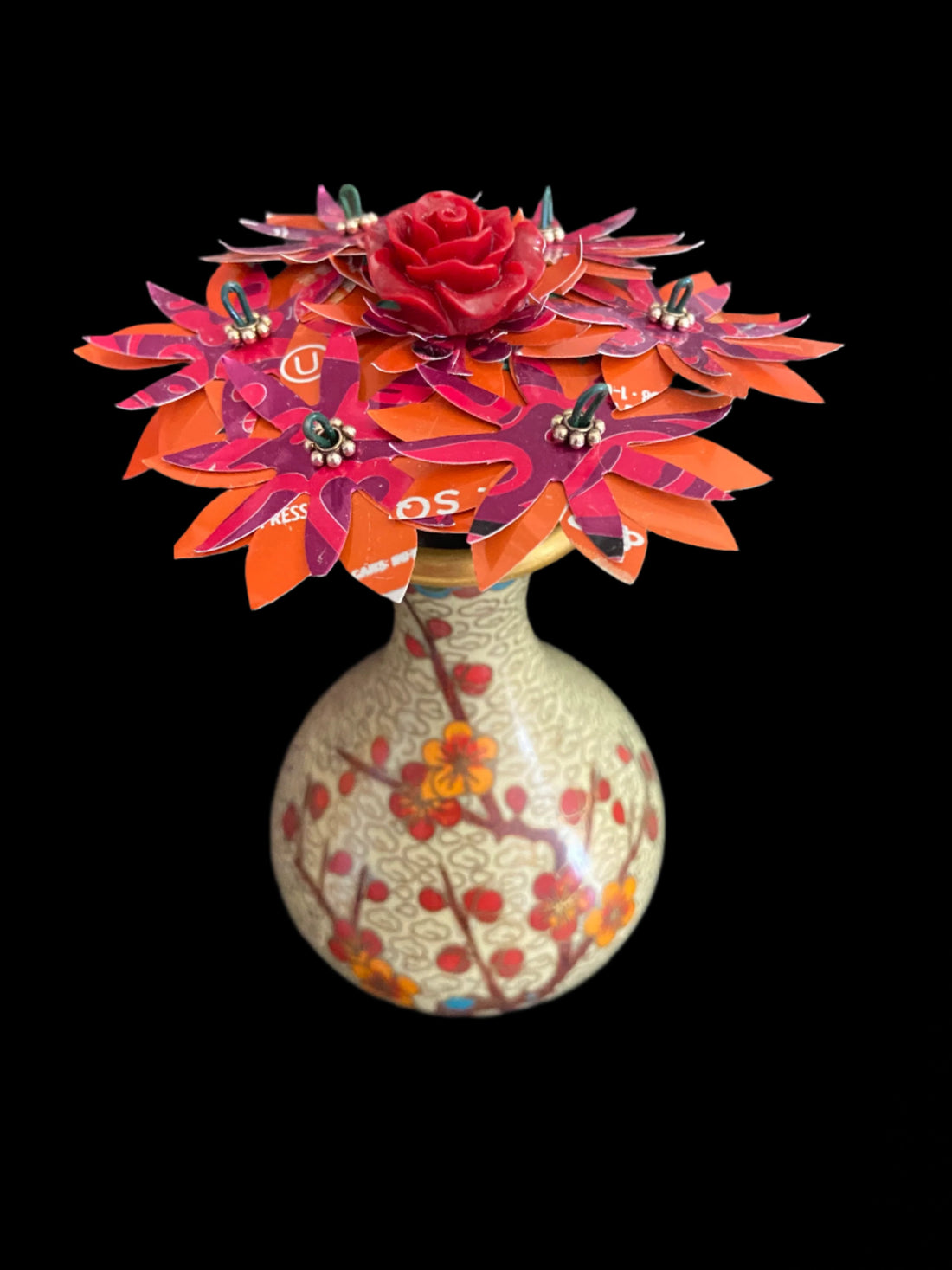 aluminum can art flower red and orange cloisonne