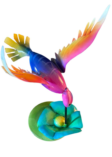 auto paint metal art green flower hummingbird large